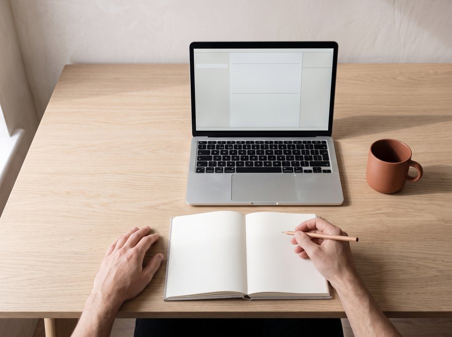 A person's hands at the desk, one holding a pencil above an open blank notebook, the laptop and terracotta mug beyond.