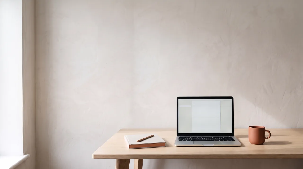 A pale oak desk in soft daylight holding an open laptop with a calm, quiet screen, a linen-bound notebook with a terracotta page edge, and a terracotta ceramic mug.