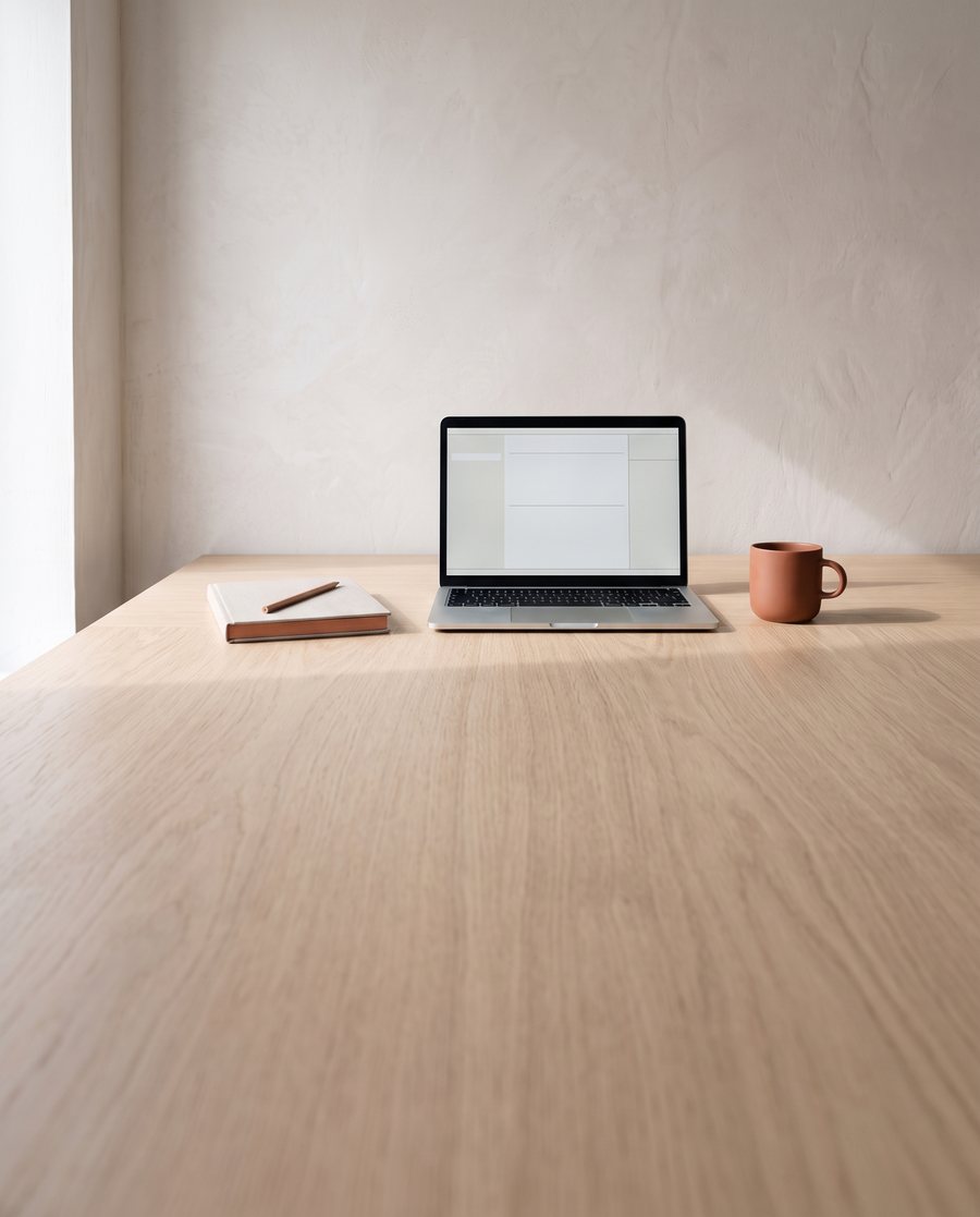 A pale oak desk in soft daylight holding an open laptop with a calm, quiet screen, a linen-bound notebook with a terracotta page edge, and a terracotta ceramic mug.