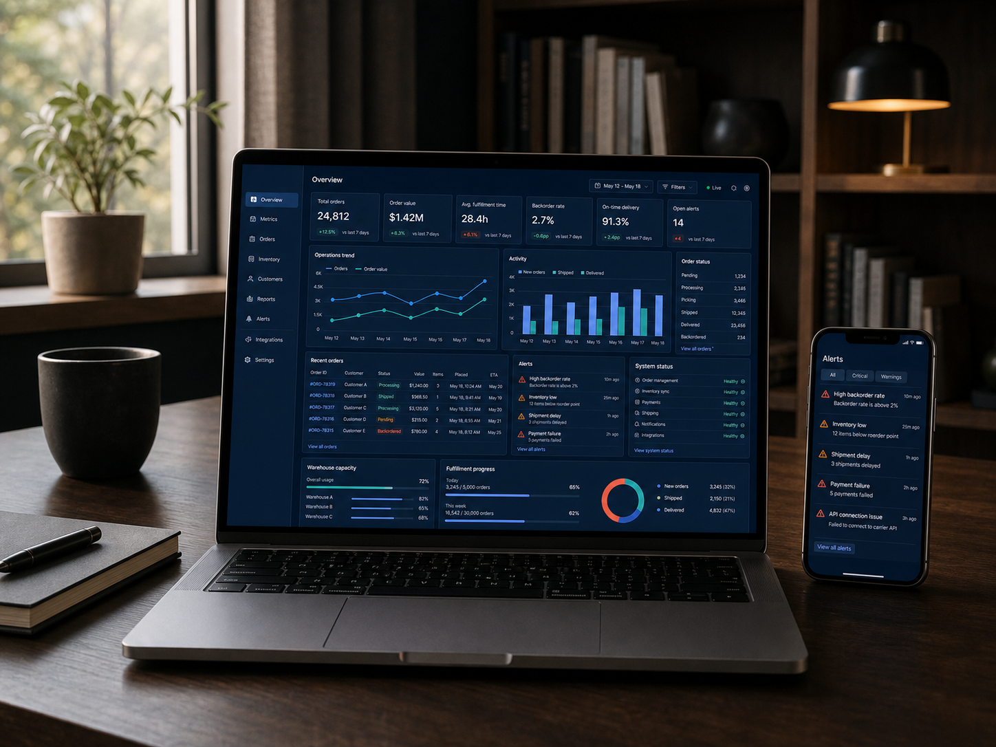 Operations analytics software shown on a laptop with an alerts app on a phone in a premium home office